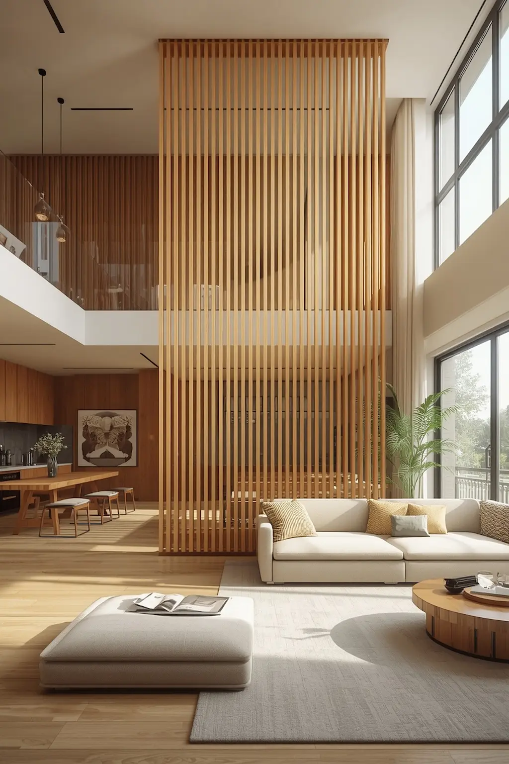 modern living room with wooden slat room divider and cozy neutral decor