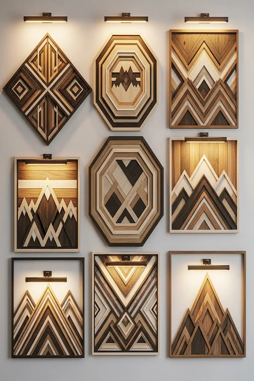 Modern wooden wall art with geometric patterns and natural wood textures