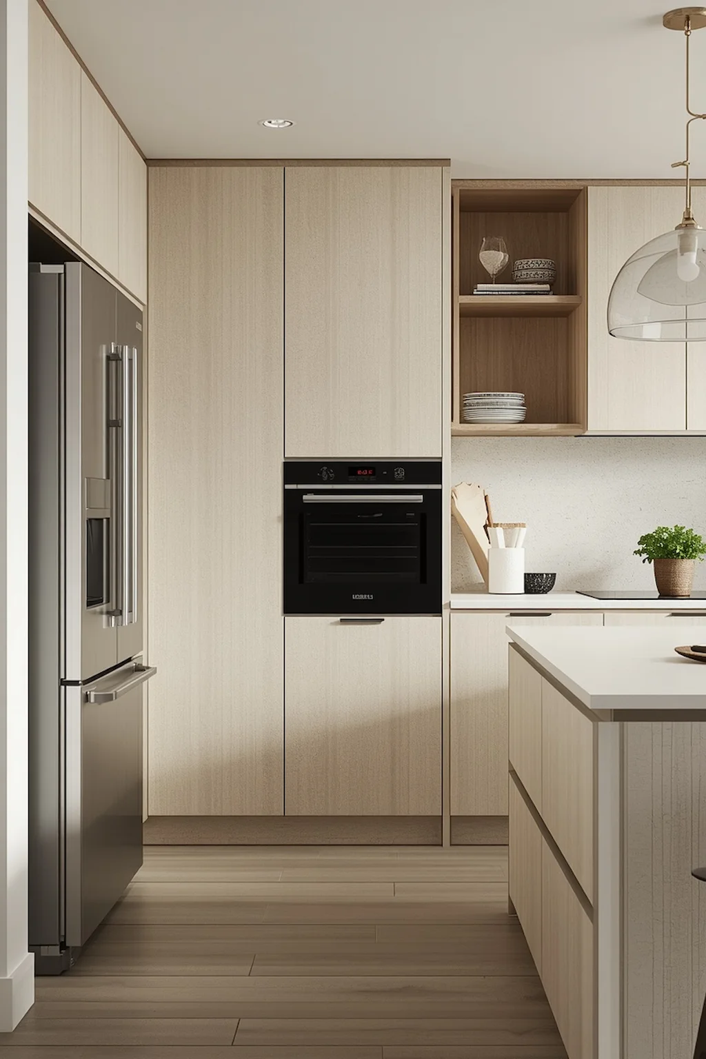 Modern kitchen with hidden appliances and seamless design