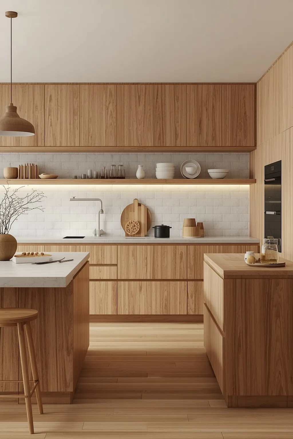 Modern kitchen with natural wood cabinets and organic textures