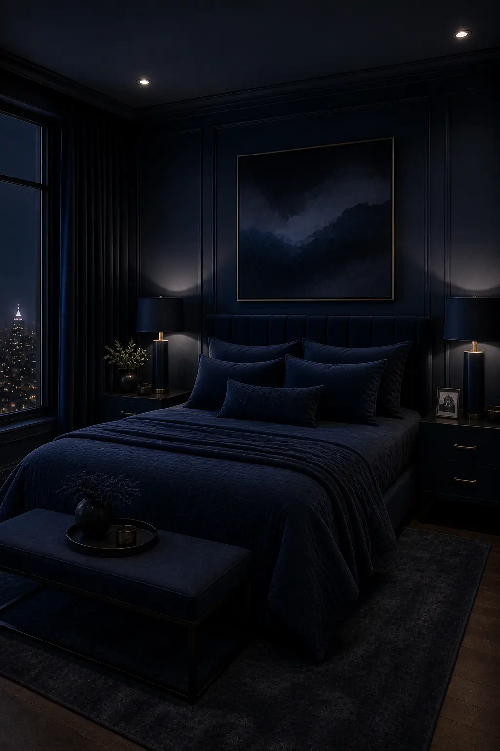 Bedroom designed in multiple shades of navy blue