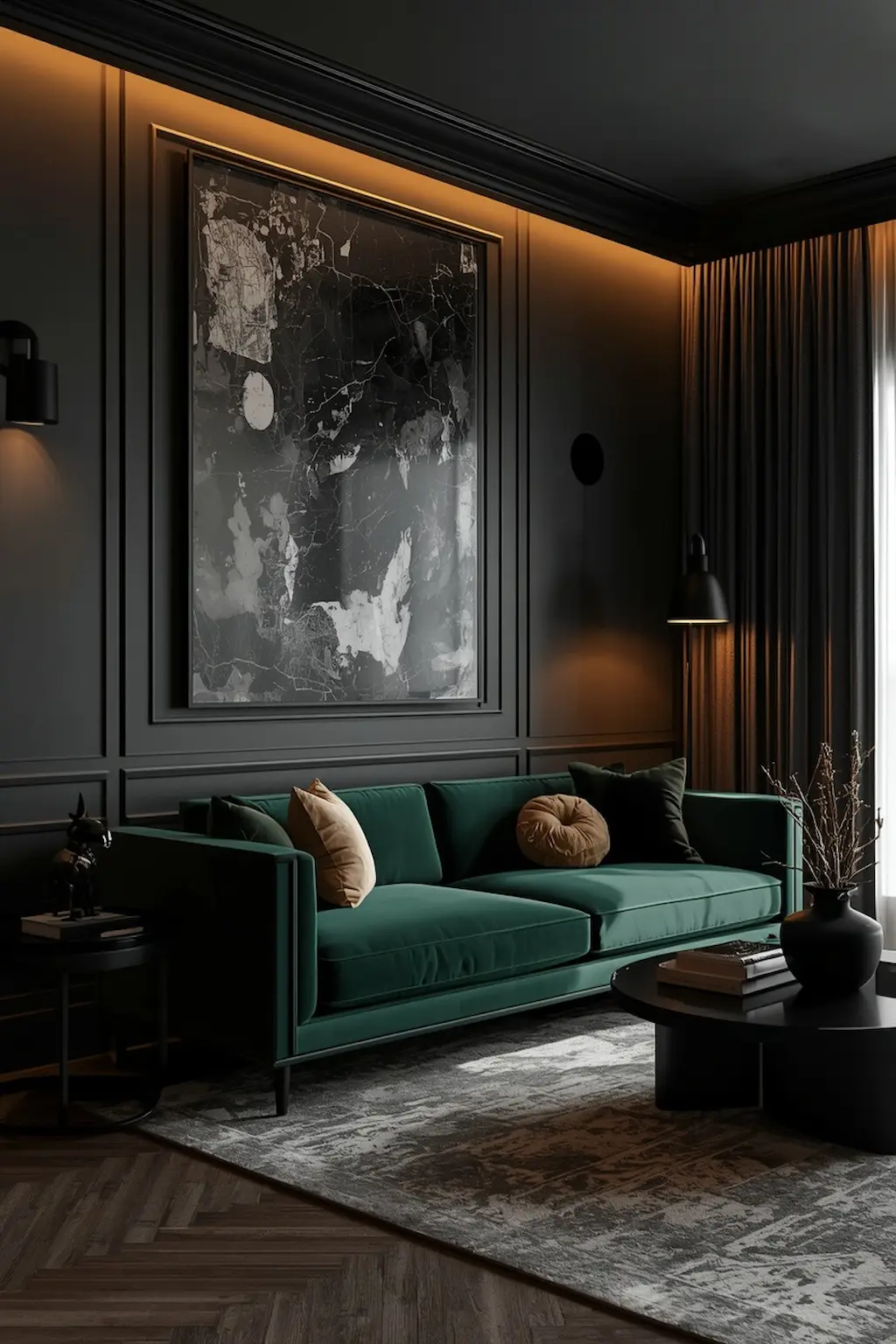 Emerald green couch in a moody living room with dark walls and cozy lighting
