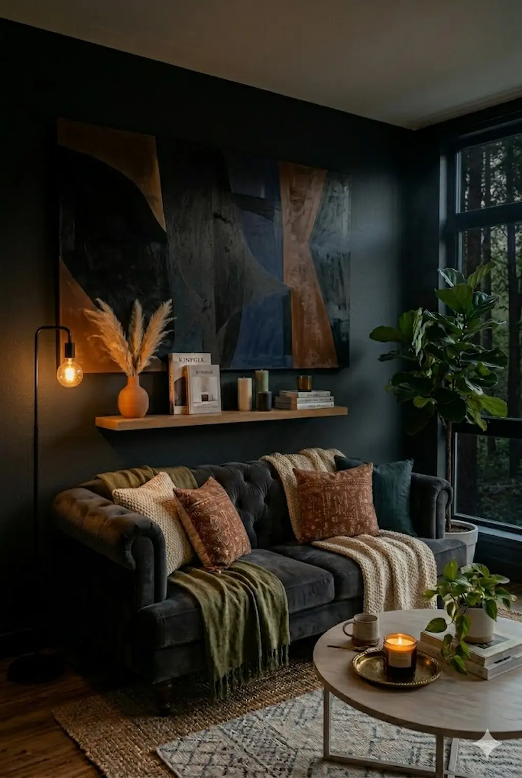 Dark living room with oversized artwork, modern sofa, warm lighting and dramatic decor