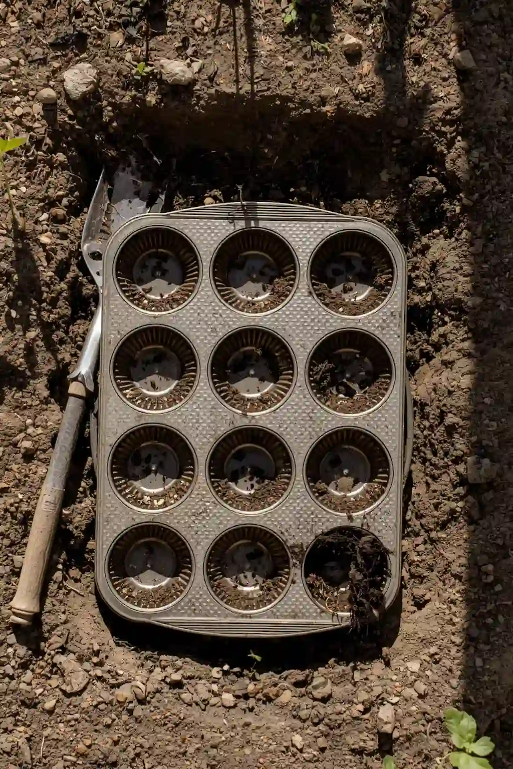 Muffin tin used to create evenly spaced seed holes in garden soi