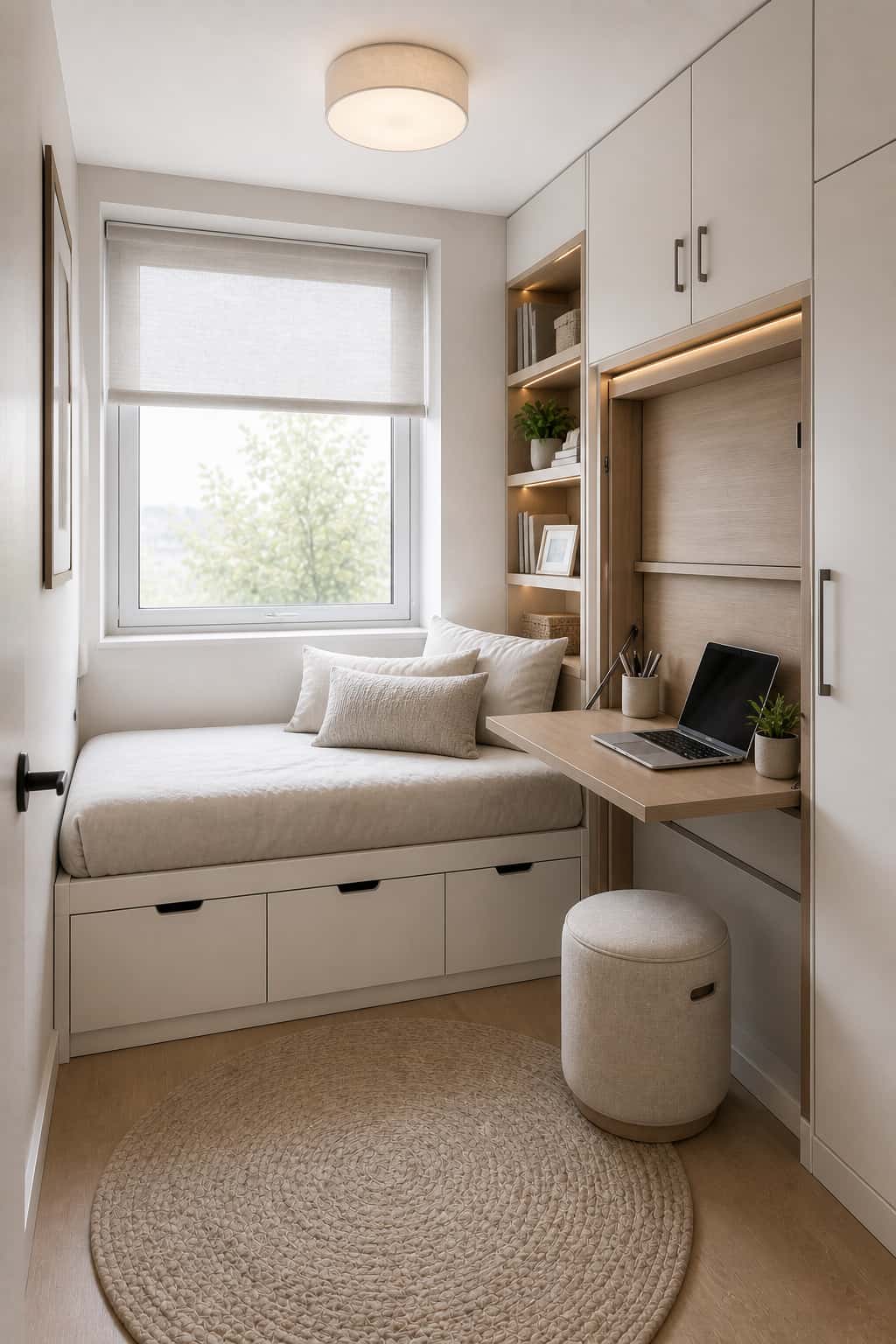 Small bedroom with space-saving furniture