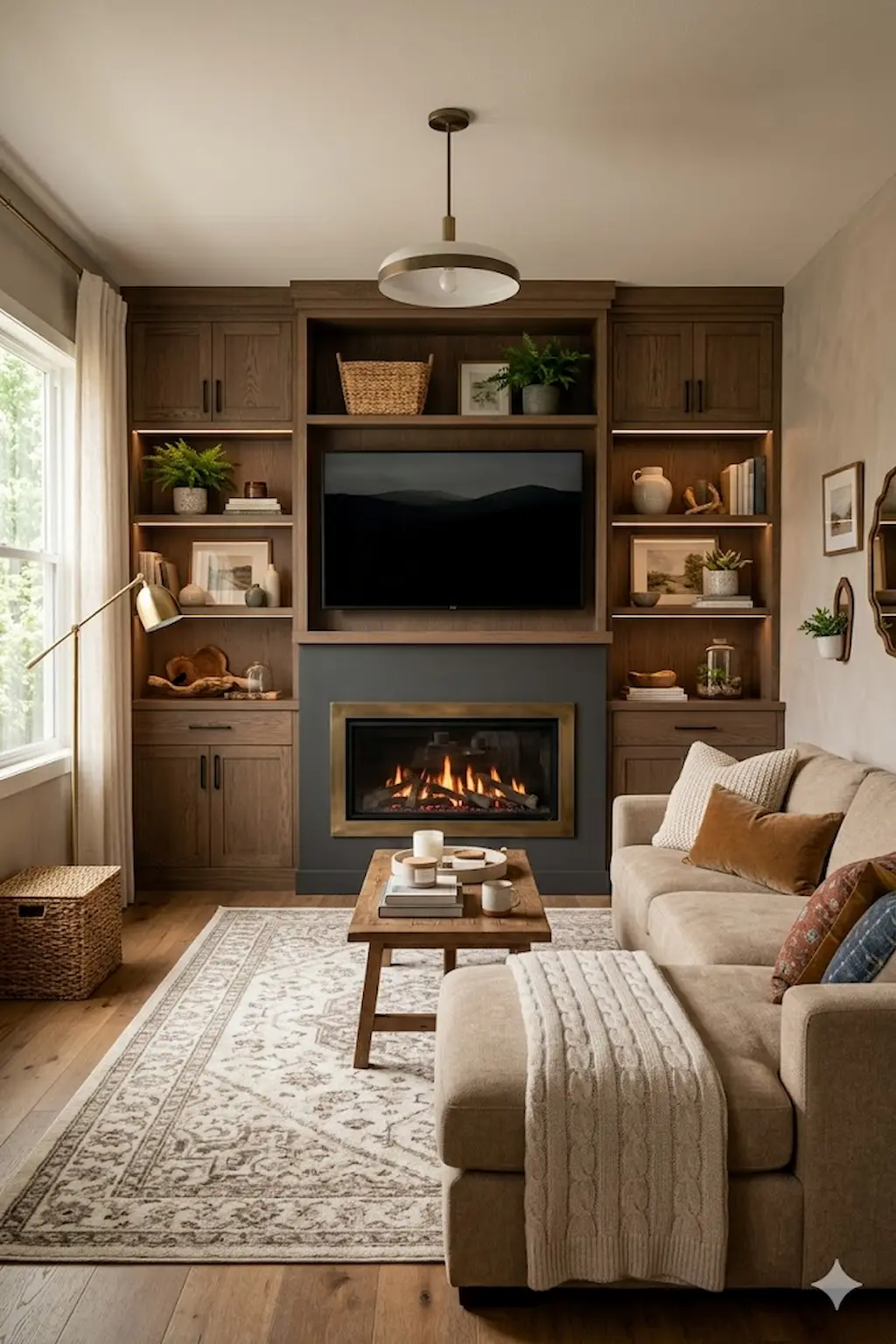 Family room with electric fireplace, TV, built-in storage, and display shelving