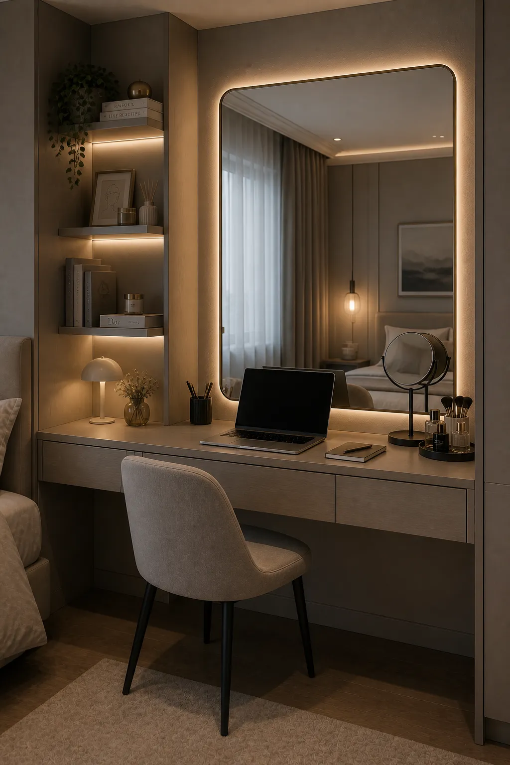 Vanity desk used as both workspace and makeup station