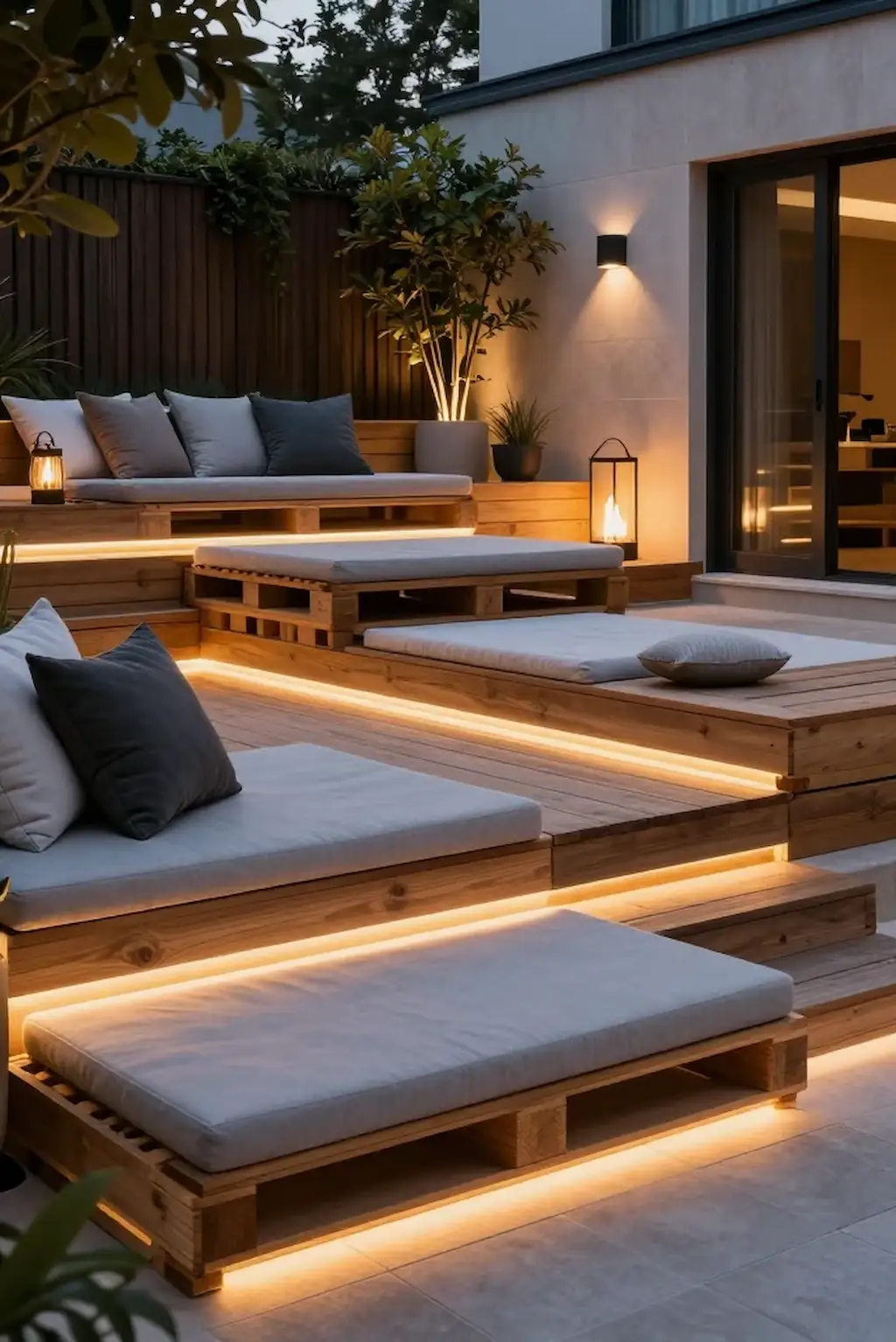 Multi-level pallet deck seating with modern outdoor lighting