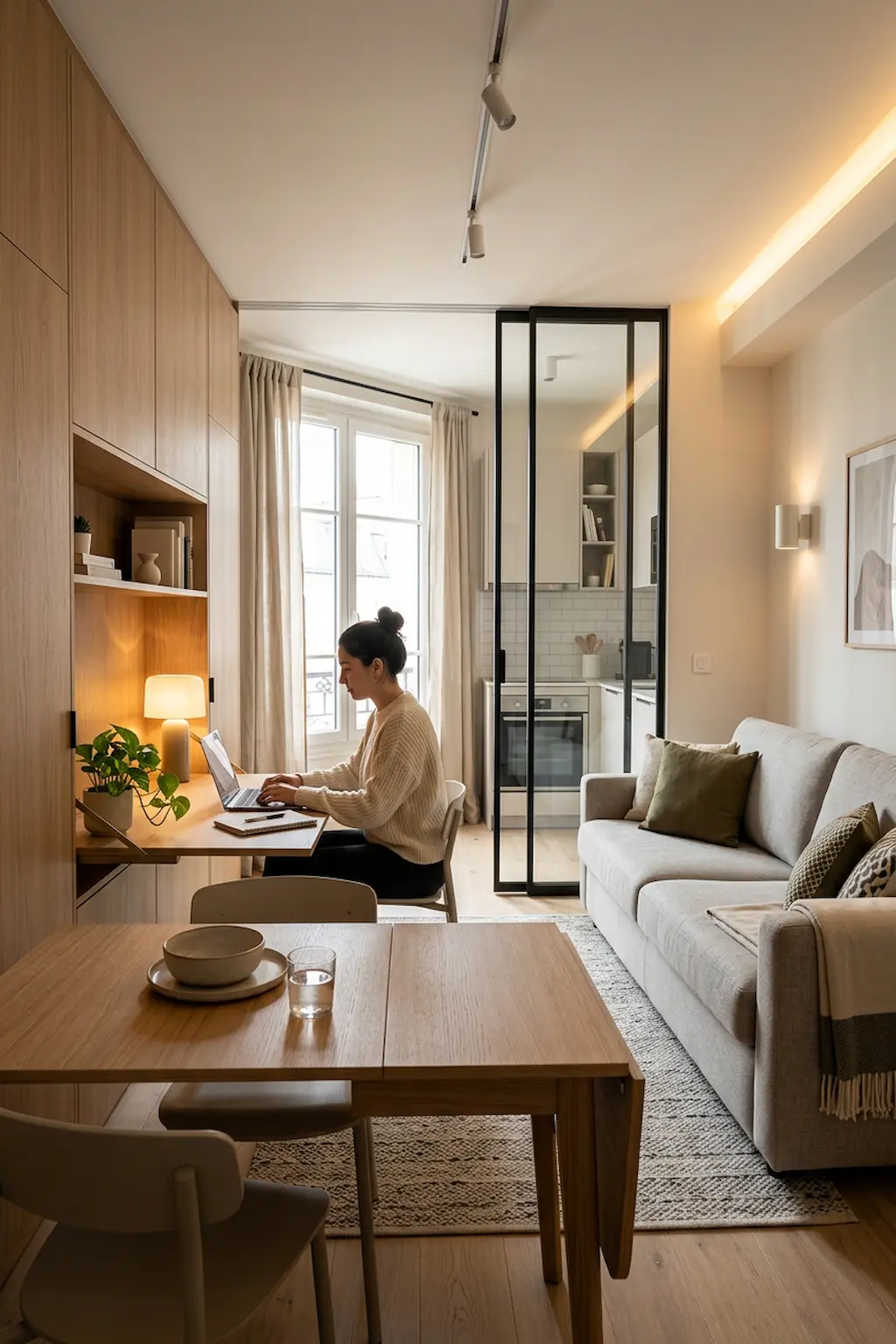 Modern apartment room with multifunctional furniture and smart layout.
