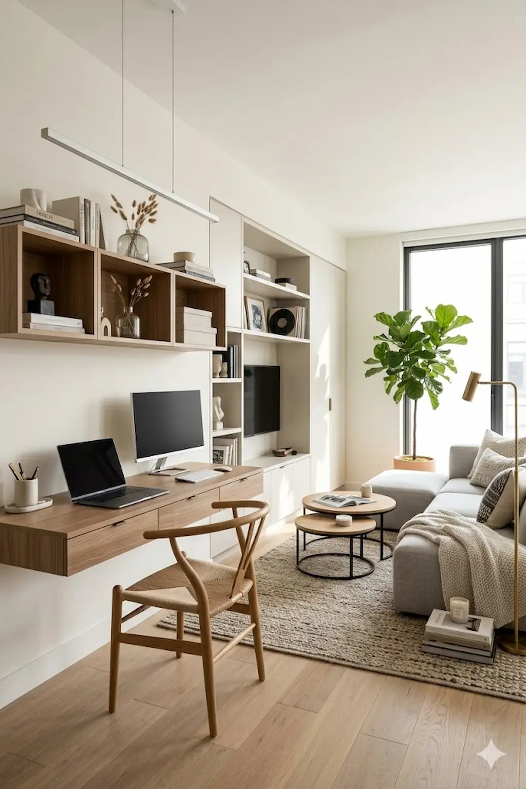 Multi-purpose apartment room featuring study area, smart storage, and flexible furniture layout