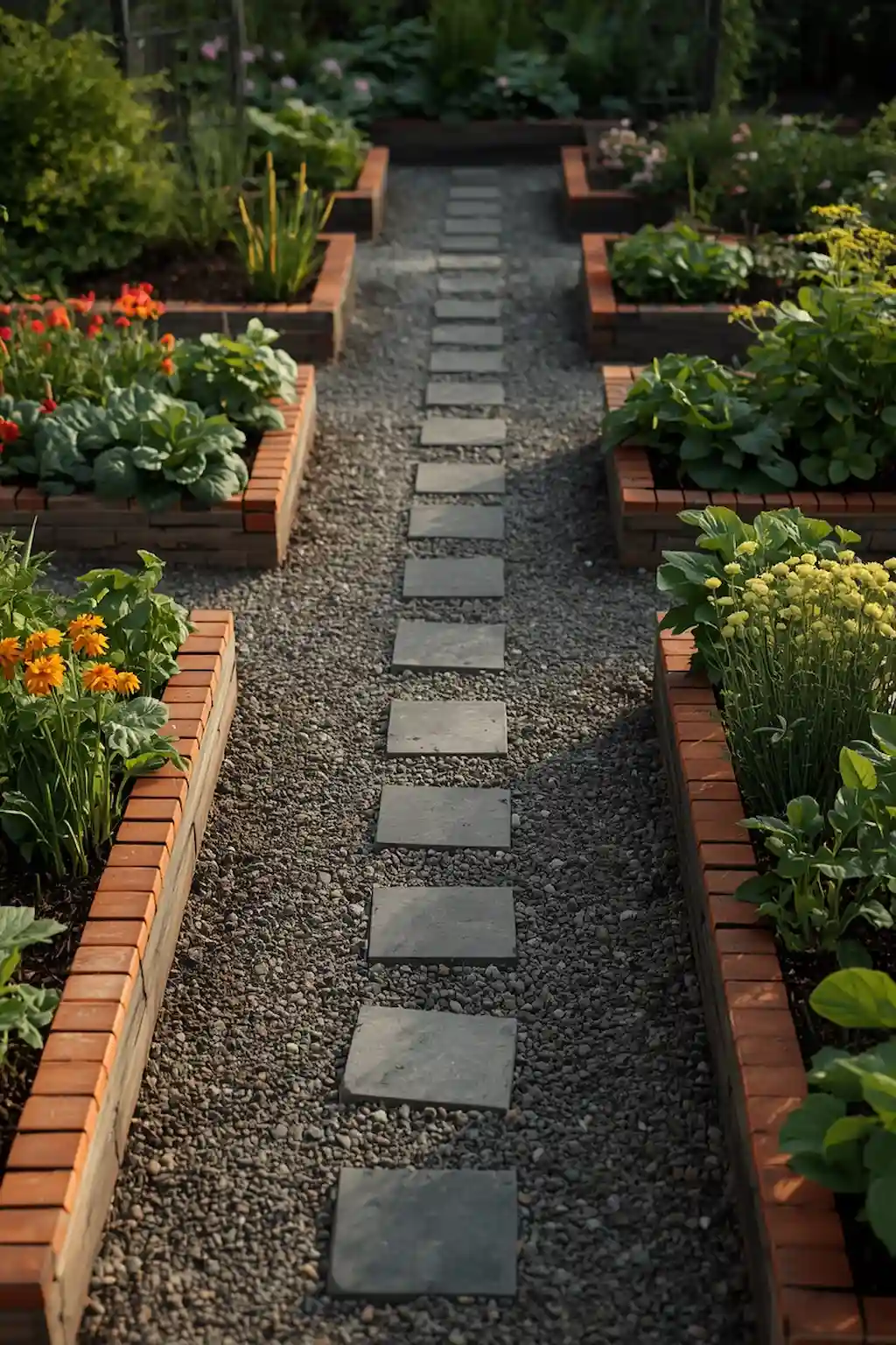 Vegetable garden with decorative gravel and stone pathways