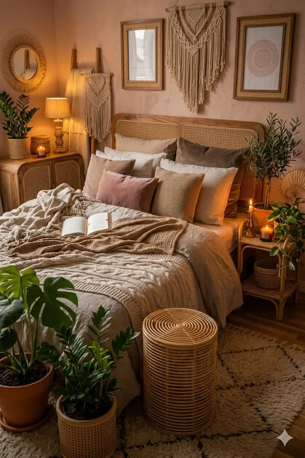 bedroom with plants and wooden decor