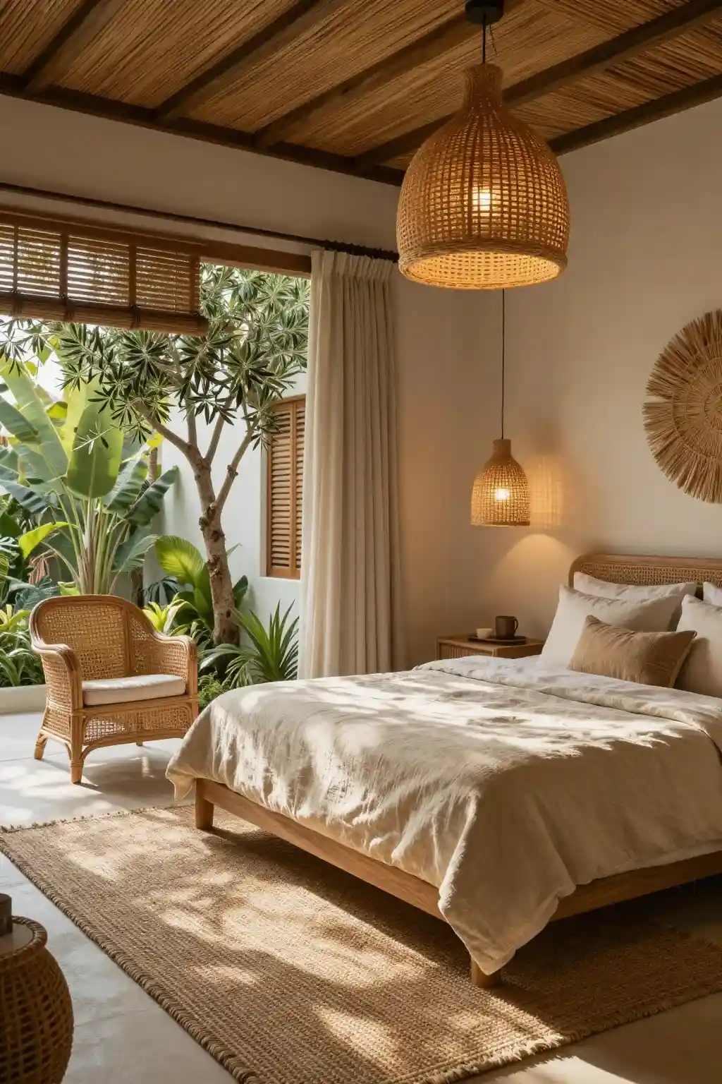 Cozy small bedroom with rattan decor and earthy natural textures