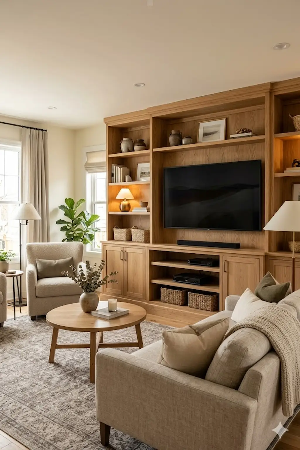 Natural oak entertainment center with stylish TV wall and storage