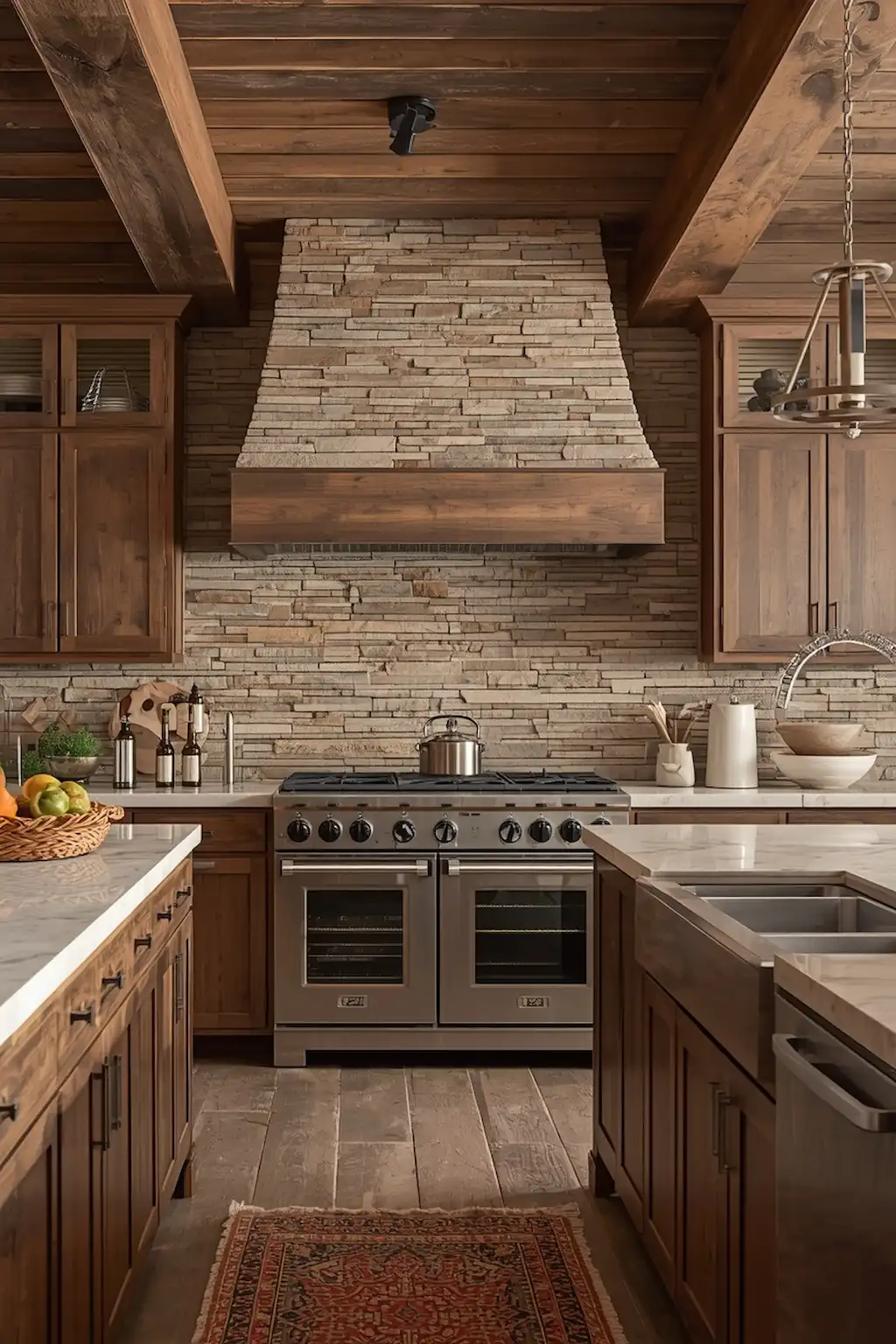 Rustic kitchen with natural stone backsplash