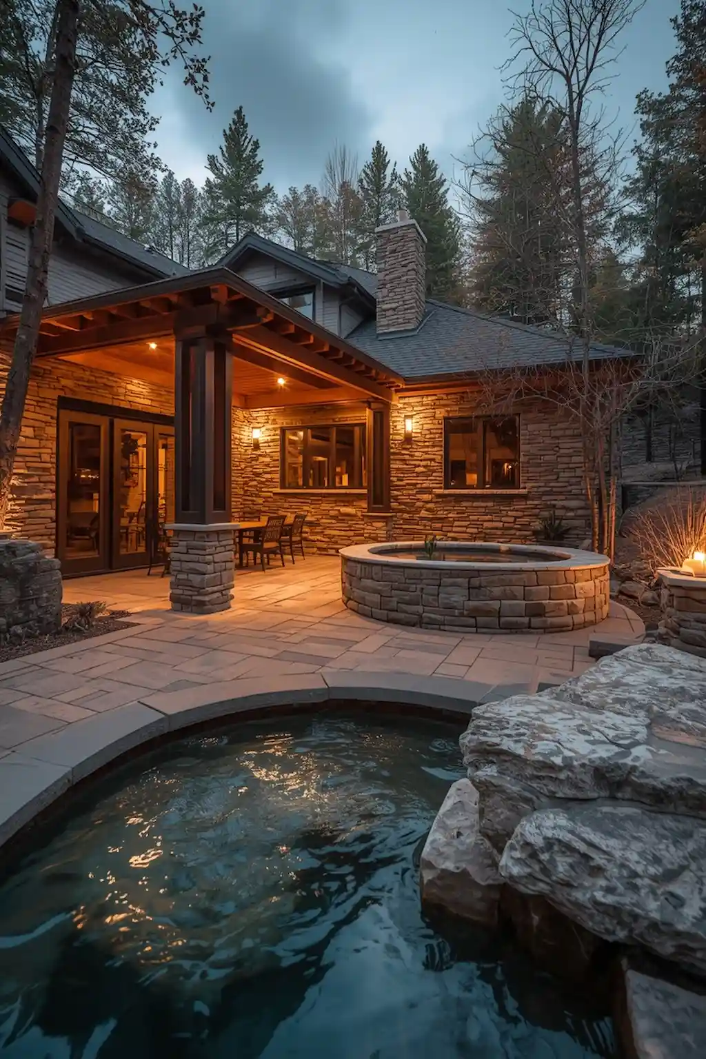 Backyard hot tub with natural stone surround and spa aesthetic