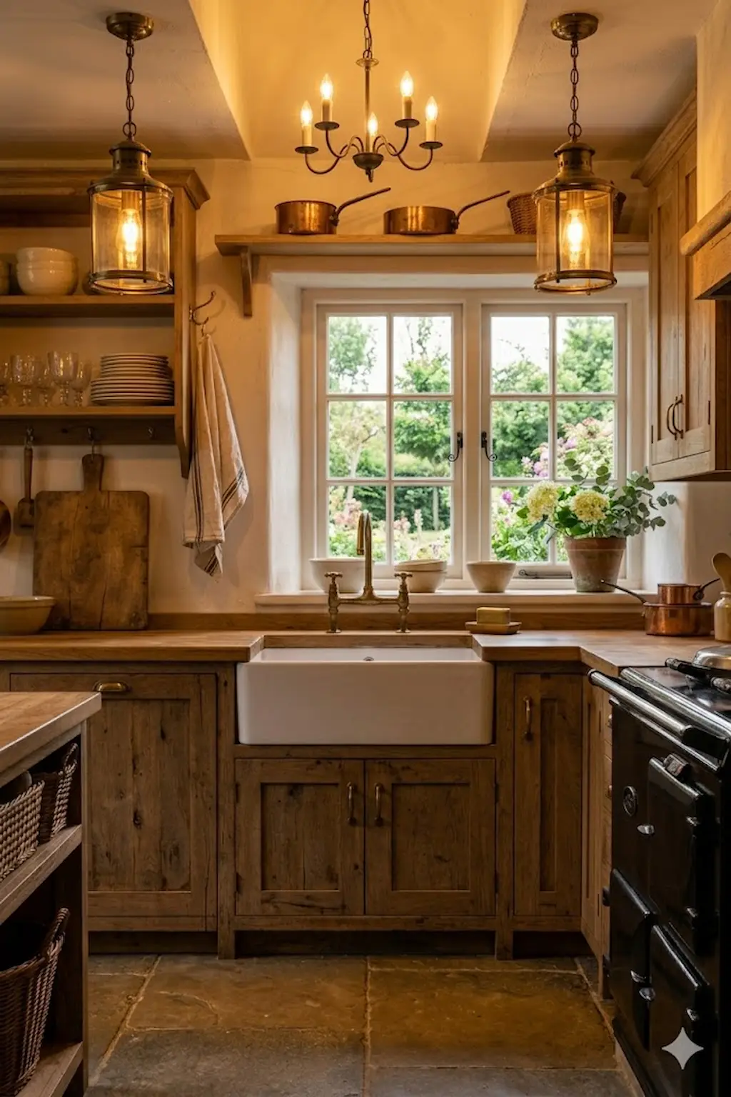 Rustic kitchen with wide plank wood floors