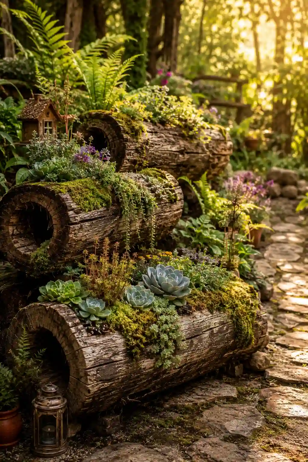 Rustic hollowed log planters filled with moss and succulents