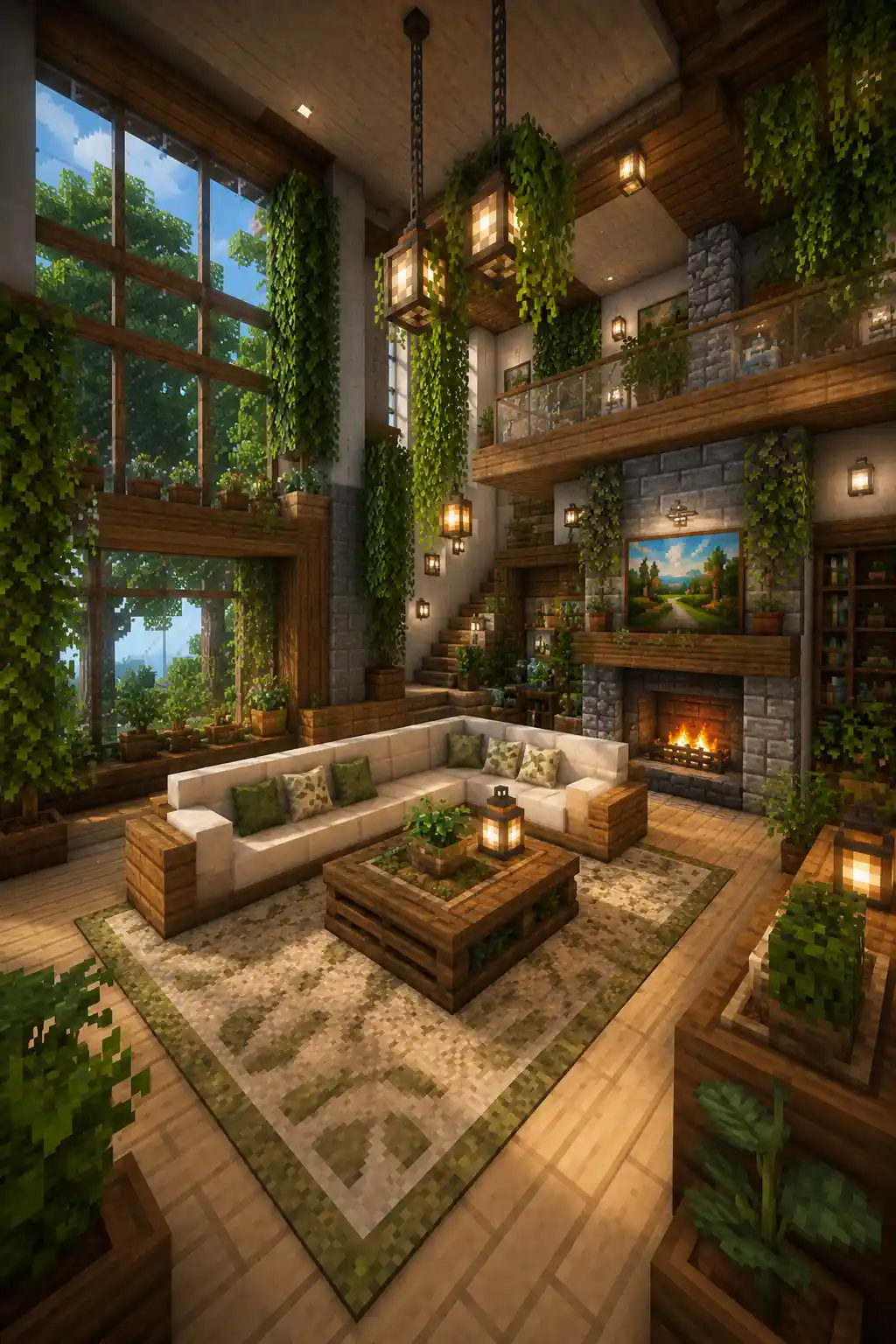 Nature-inspired Minecraft living room with plants and natural design
