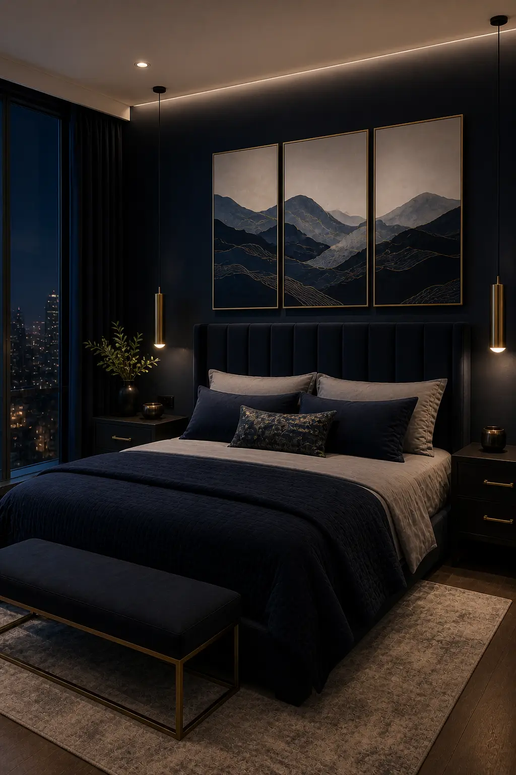 Bedroom with navy toned wall art