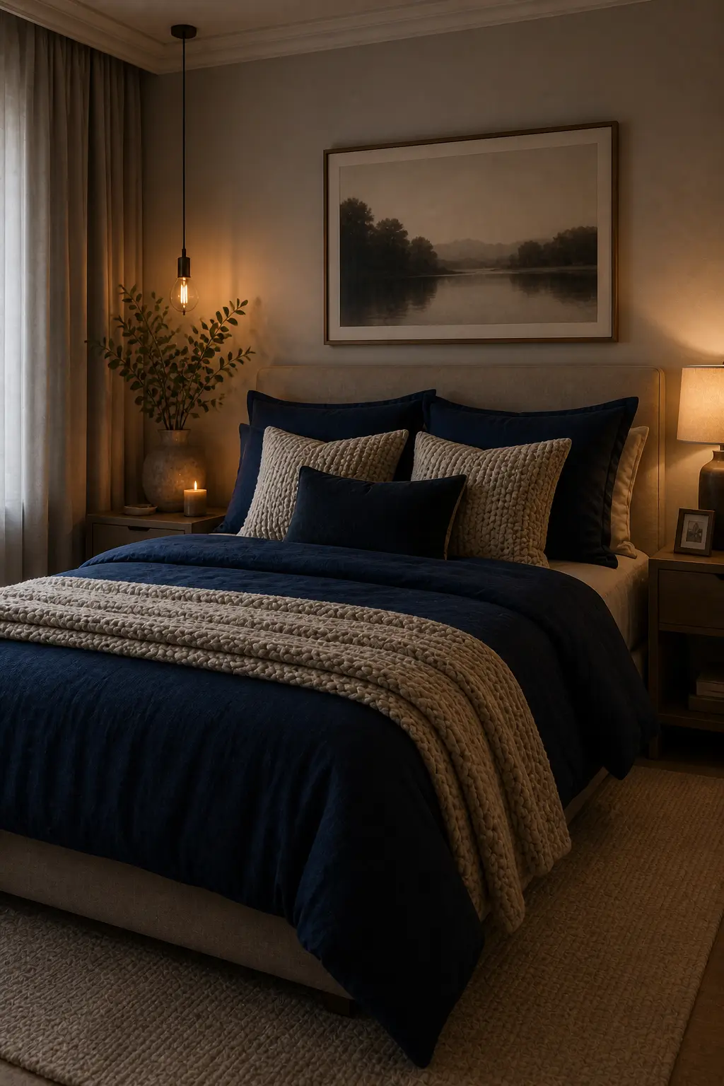 Bed styled with navy blue layered bedding and textures