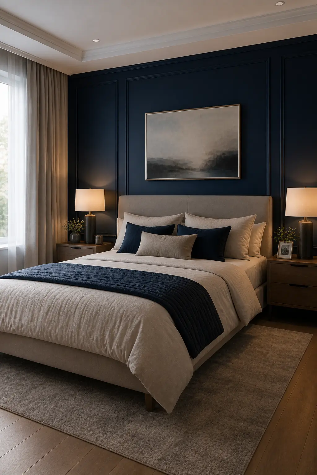 Bedroom with bold navy blue accent wall and neutral decor