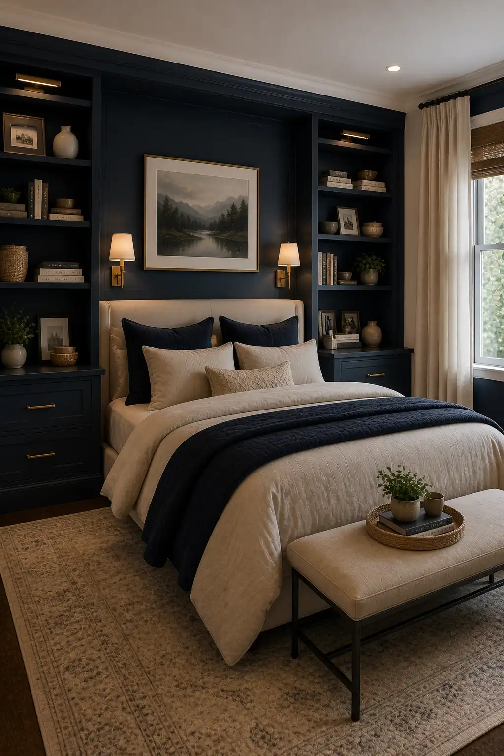Bedroom with navy painted built-in shelves