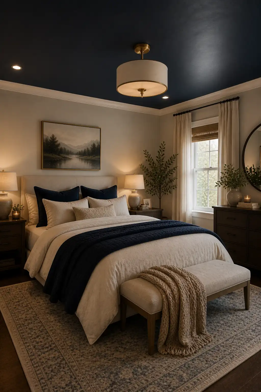 Bedroom with navy blue ceiling design