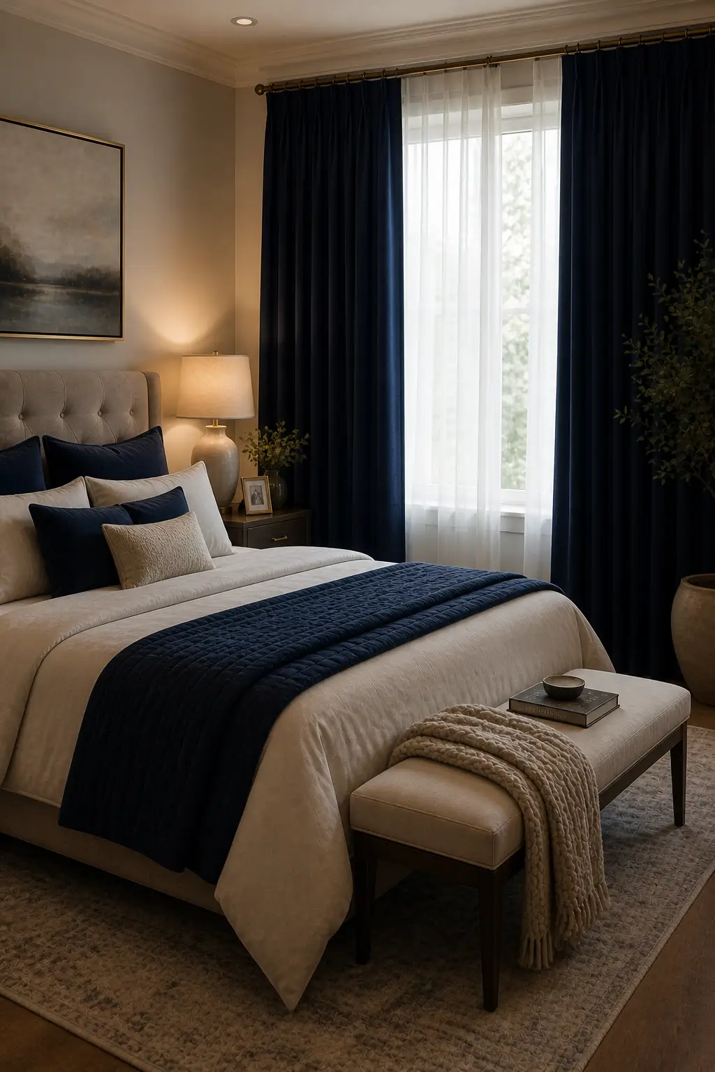 Bedroom with navy blue curtains and soft lighting