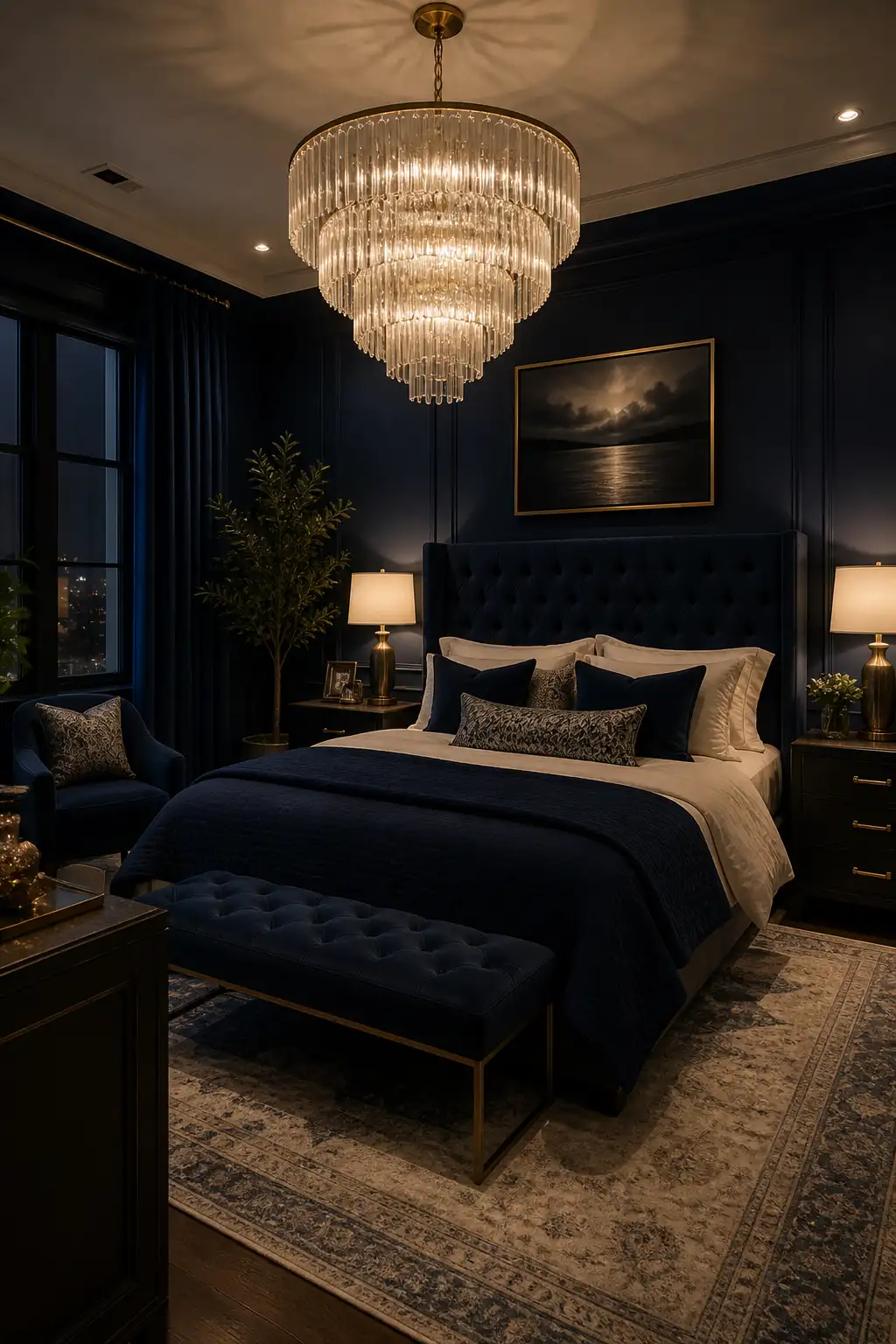 Bedroom with navy tones and statement lighting