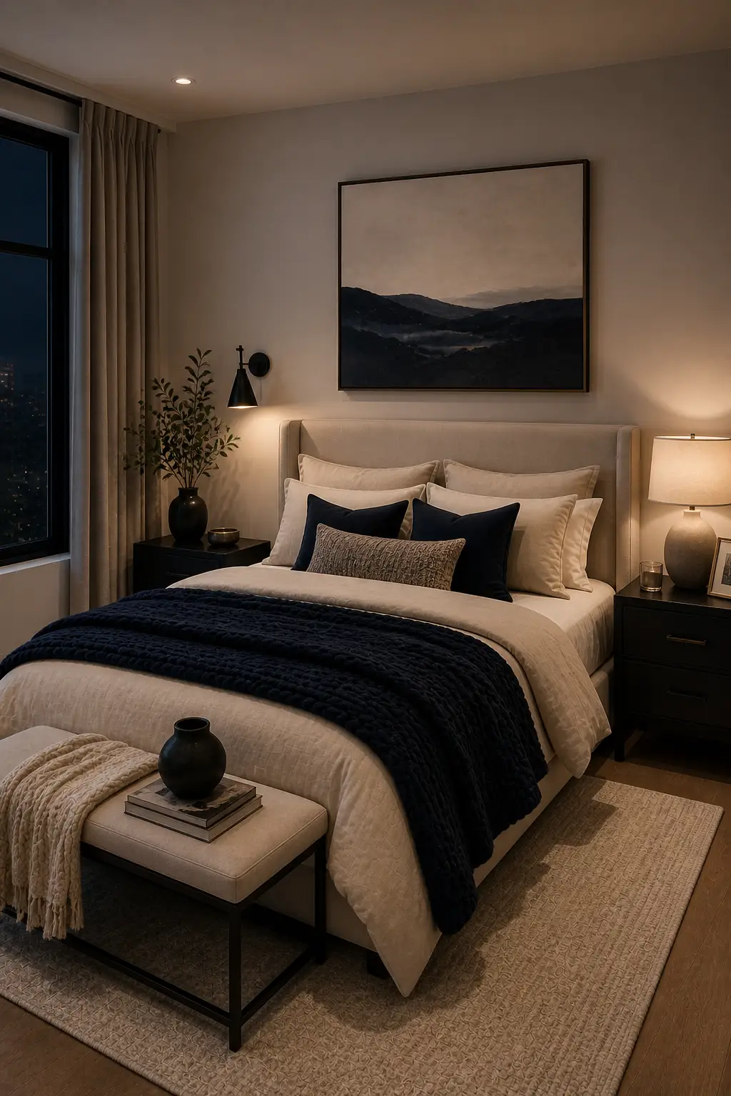 Bed with navy throw blanket and cozy decor
