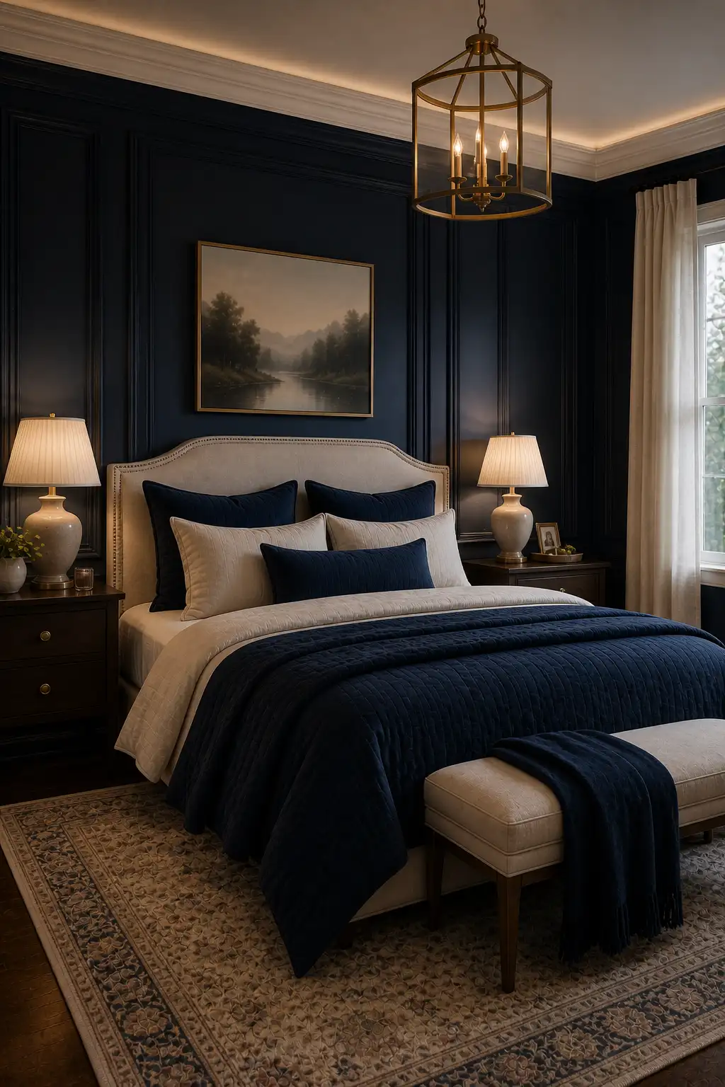 Bedroom with navy wall panel design