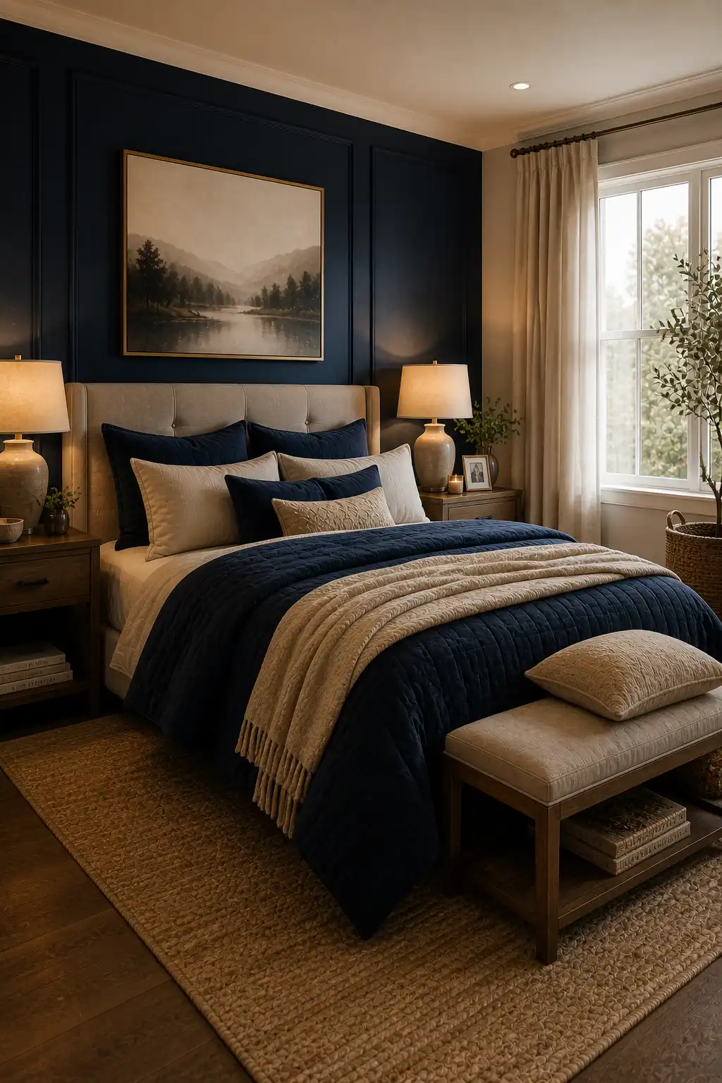 Bedroom styled with navy and beige colors