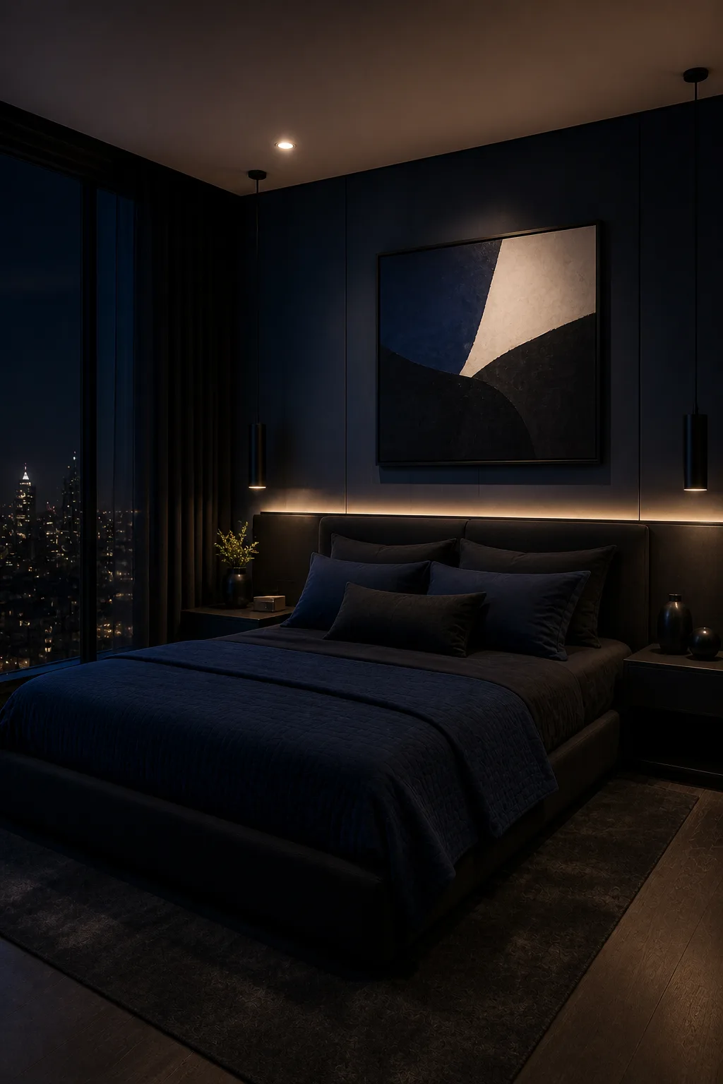 Bedroom combining navy blue and black accents