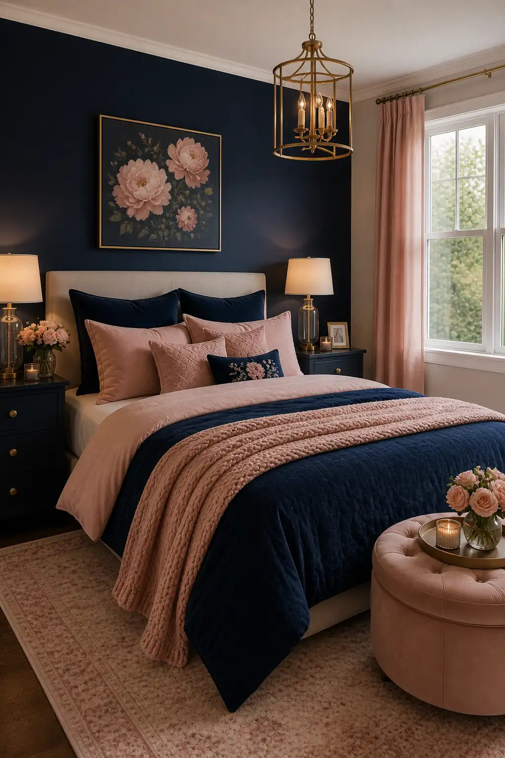 Bedroom styled with navy blue and blush pink accents