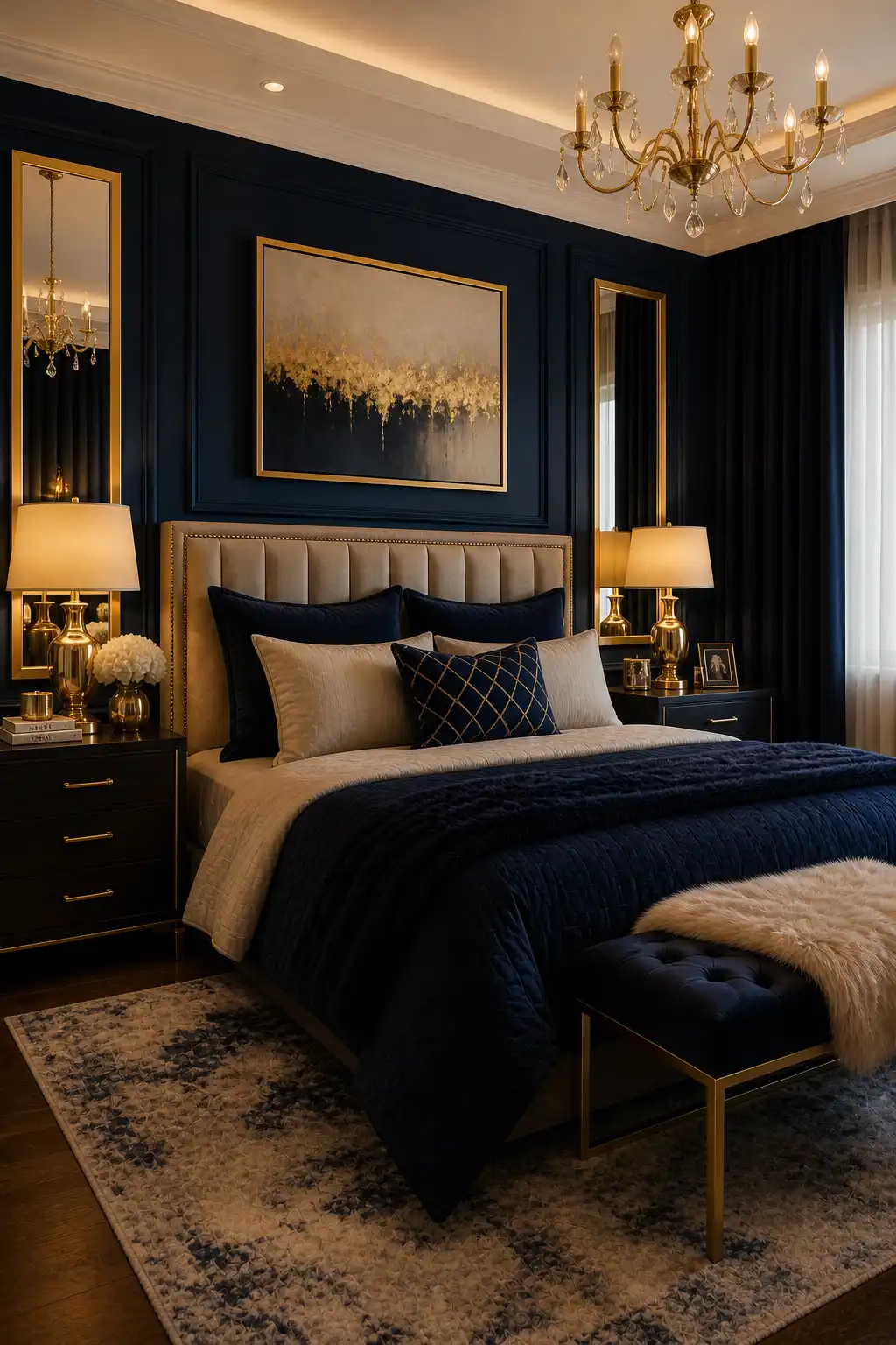 Bedroom with navy decor and gold accents