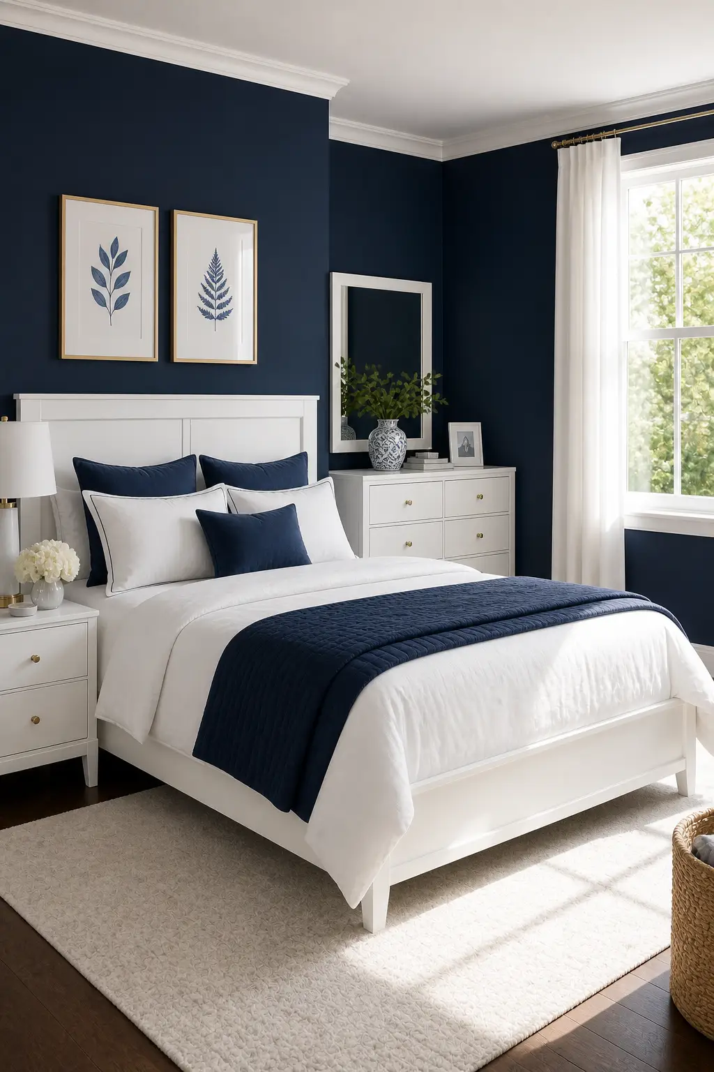 Bedroom with navy walls and white furniture