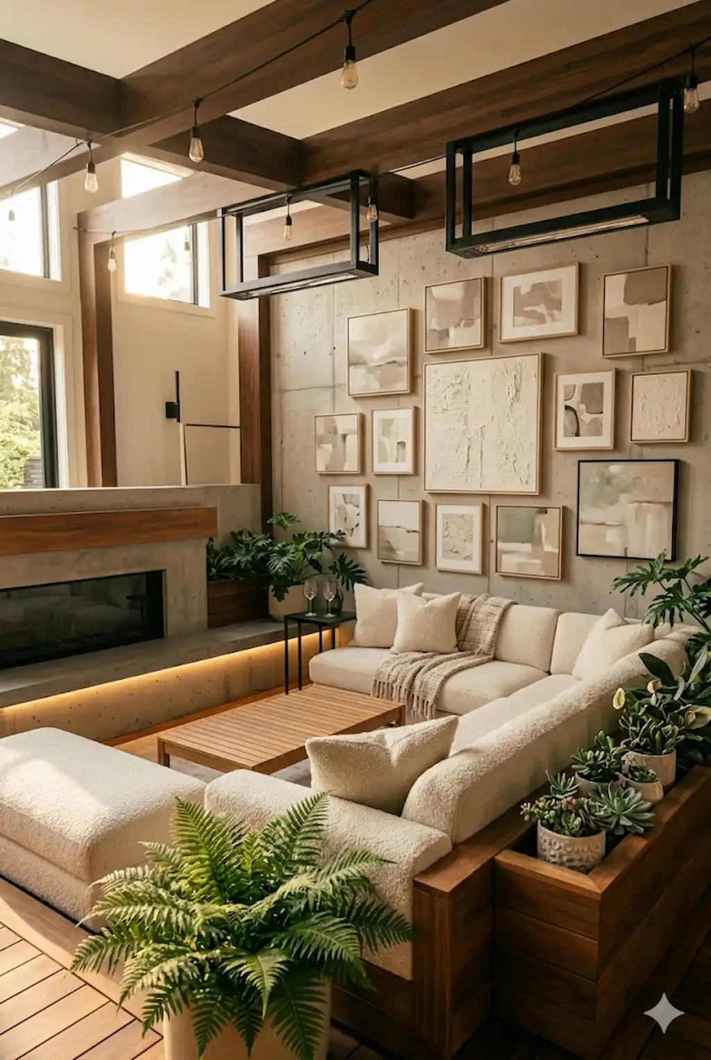 Cozy neutral gallery wall with beige abstract art and modern decor