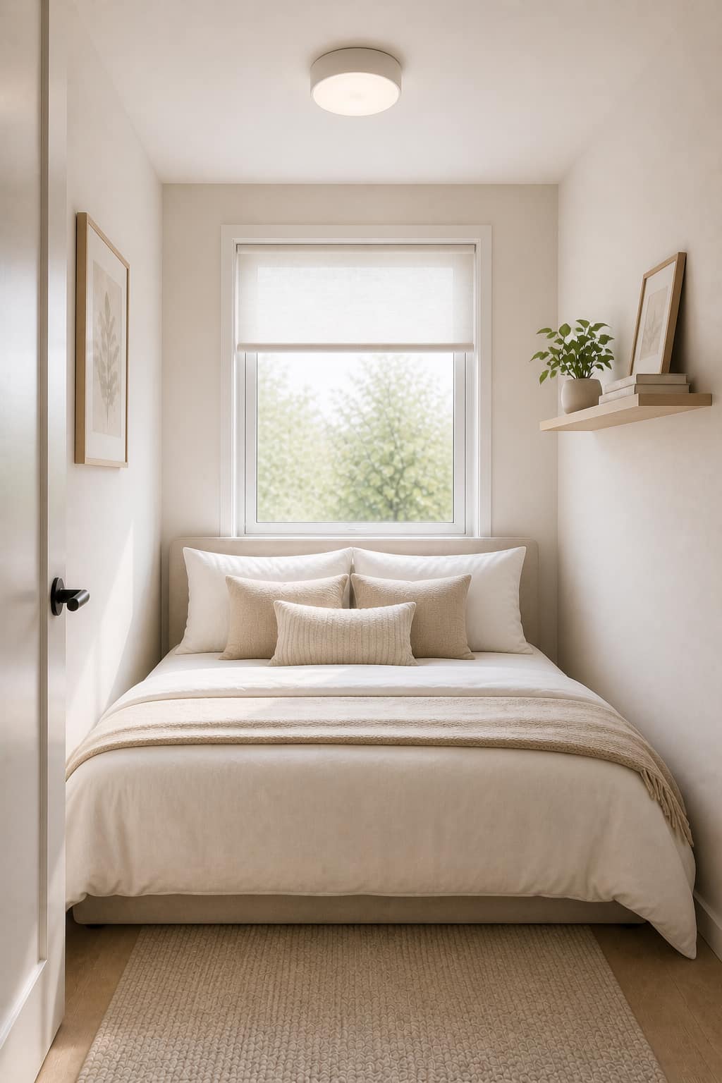 Small bedroom with neutral bedding style