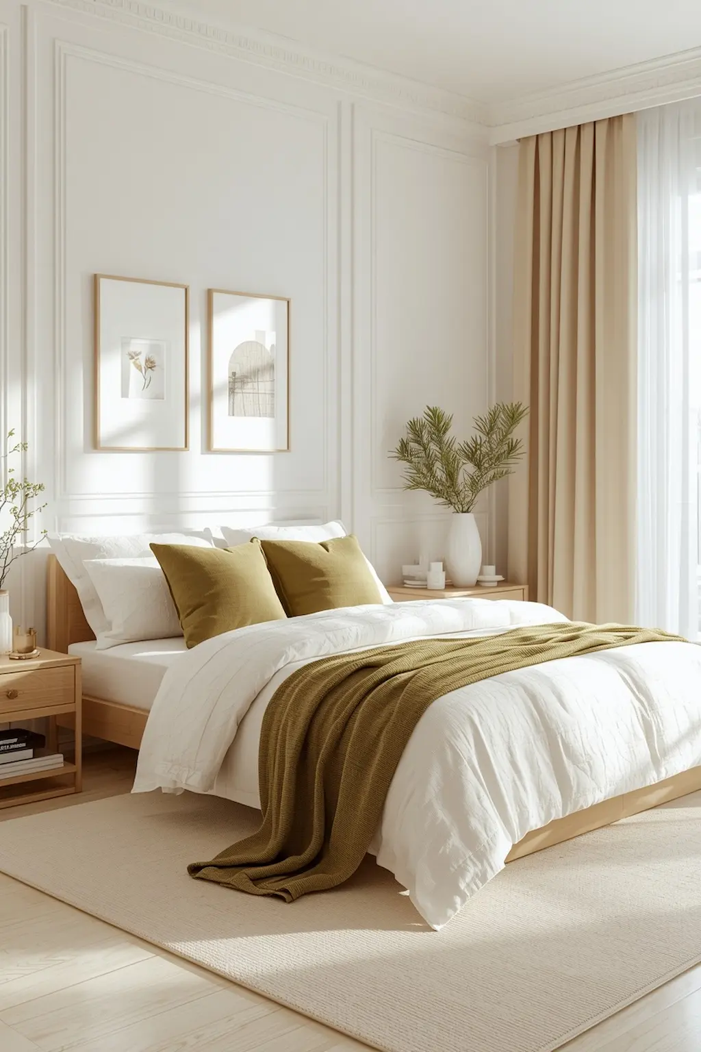 Neutral bedroom with olive green accents and modern styling