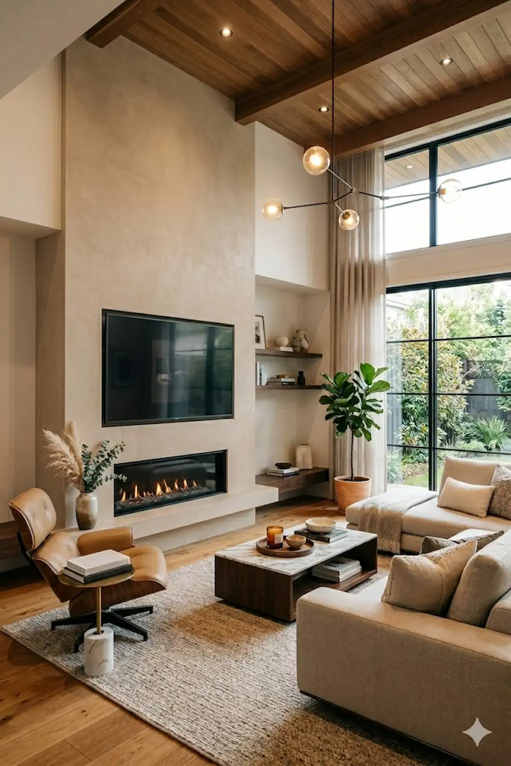 Beige fireplace TV wall with layered neutral textures and elegant living room decor