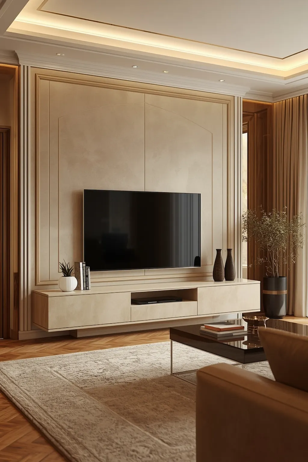 Beige TV cabinet with soft textures and cozy neutral living room décor