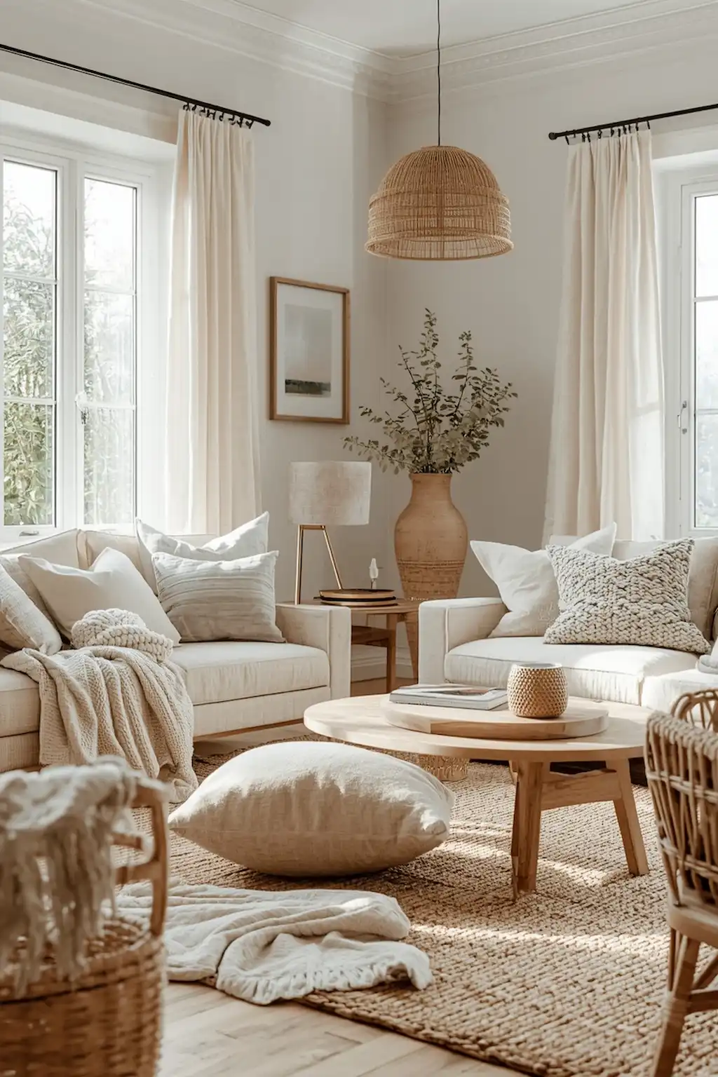 Neutral boho living room with layered rugs, pillows, and woven textures