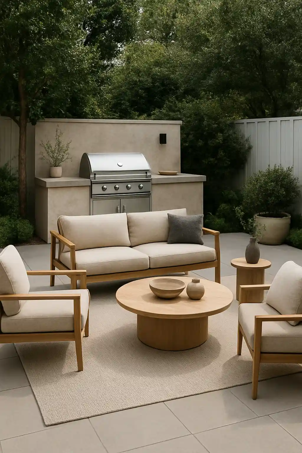 Elegant BBQ patio featuring neutral furniture, natural textures, and timeless design