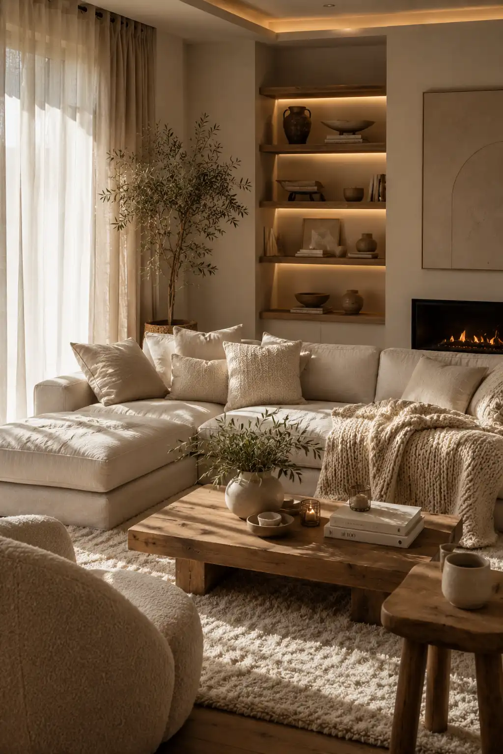 Neutral modern living room with warm textures and cozy decor
