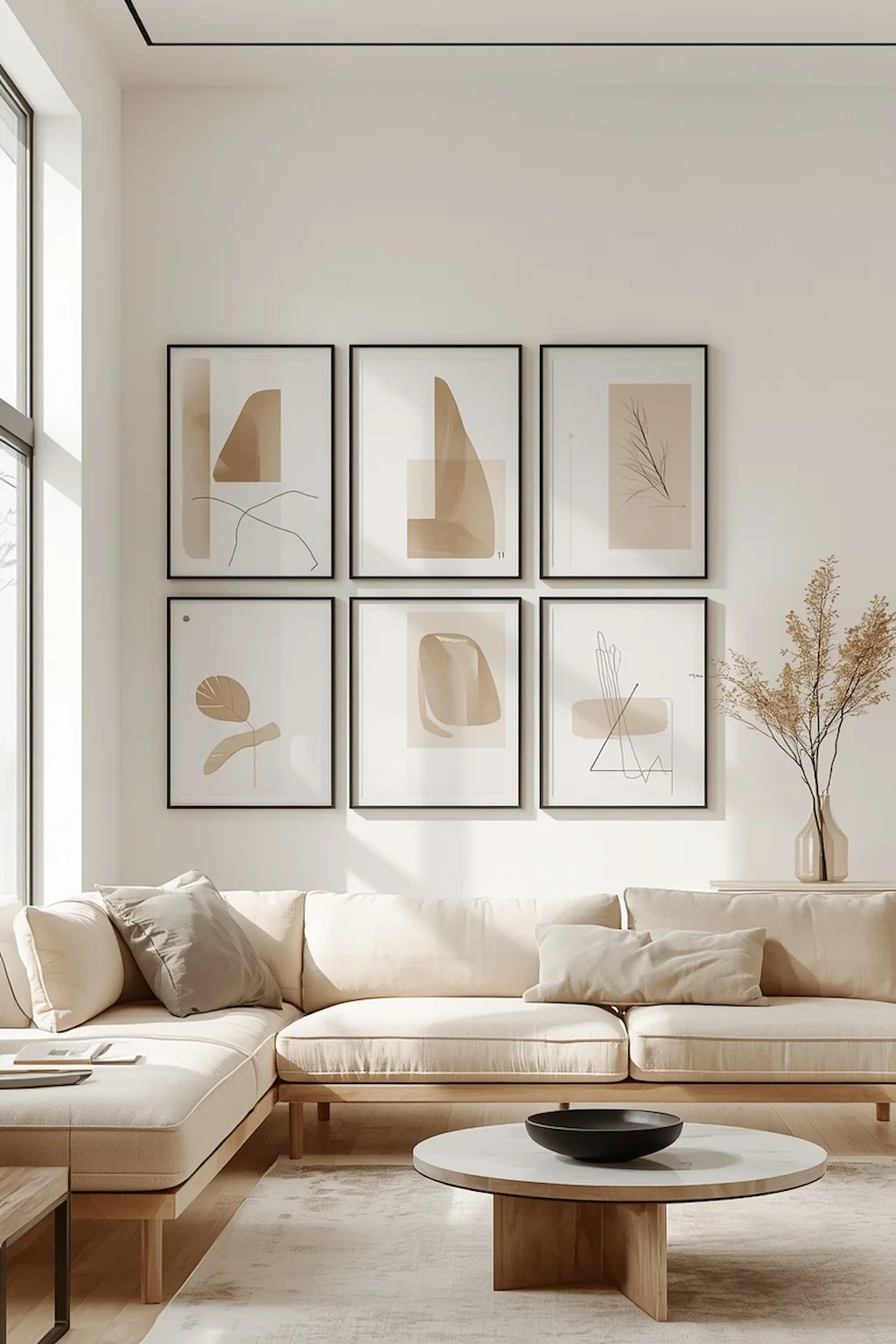 Neutral minimalist gallery wall with beige artwork and black frames in modern living room