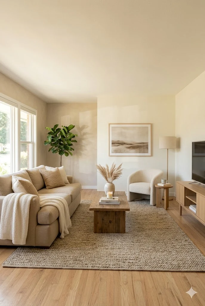 Ranch style living room with warm neutral colors and soft decor