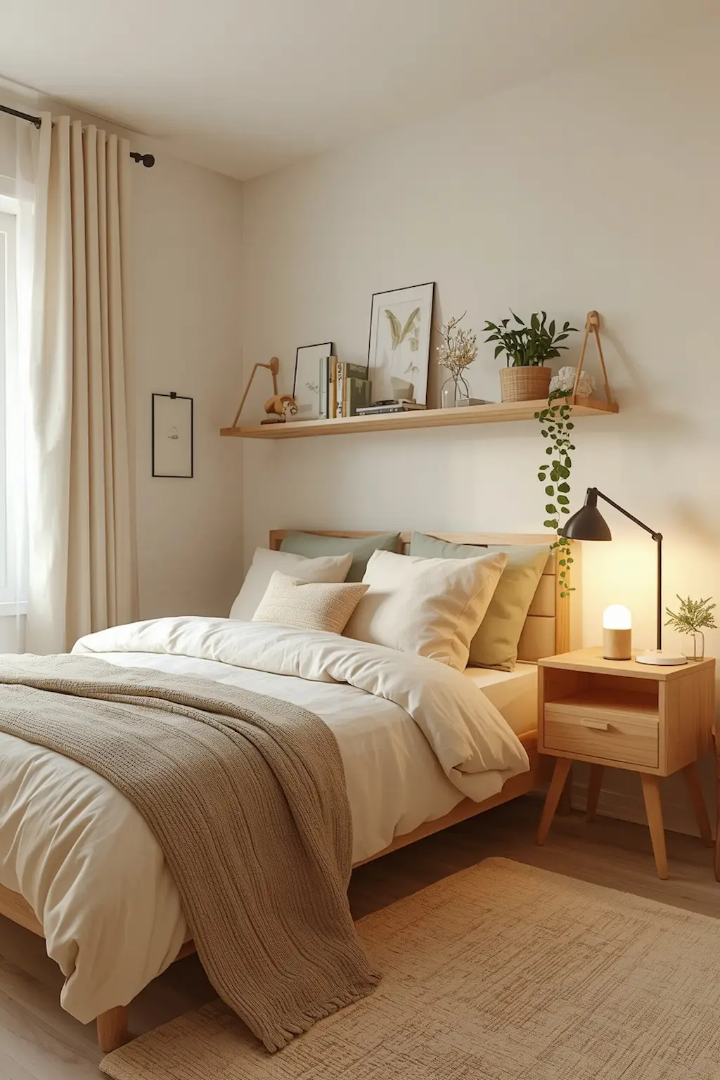 Neutral-toned college dorm room with cozy modern decor and soft colors