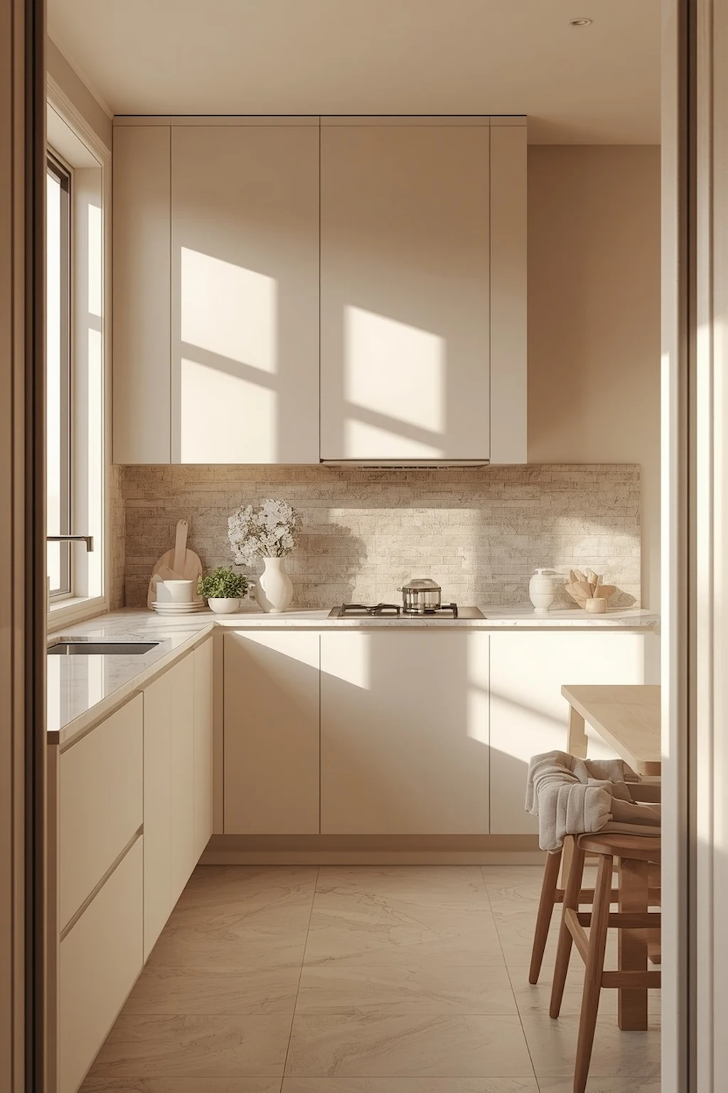 Neutral organic modern kitchen with warm tones and natural light