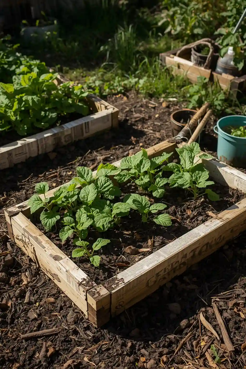 Newspaper layered under mulch in a garden bed to stop weeds